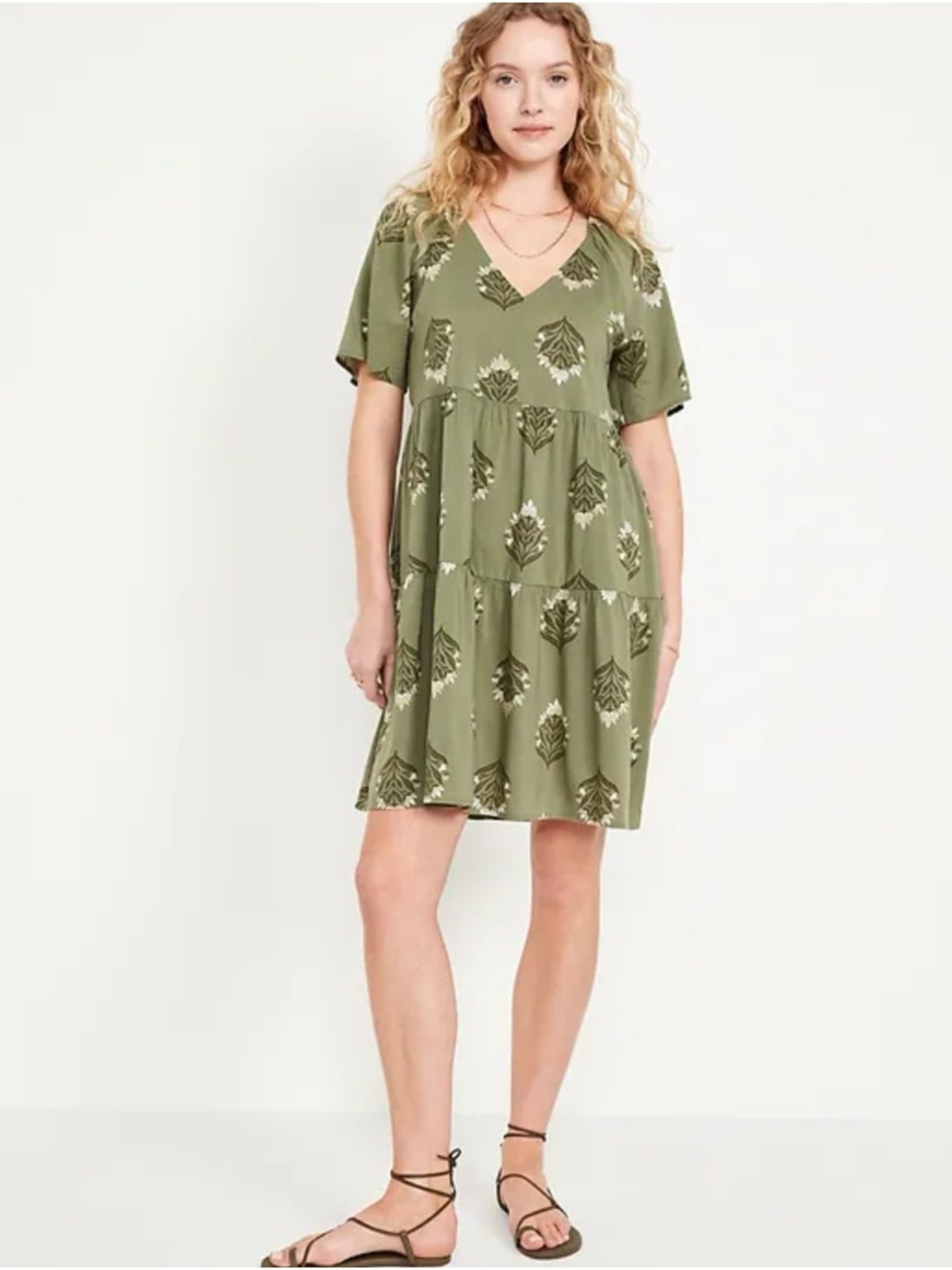 Old Navy Tiered Mini Swing Dress Olive Green Floral Sleeve V-Neck Sz: L